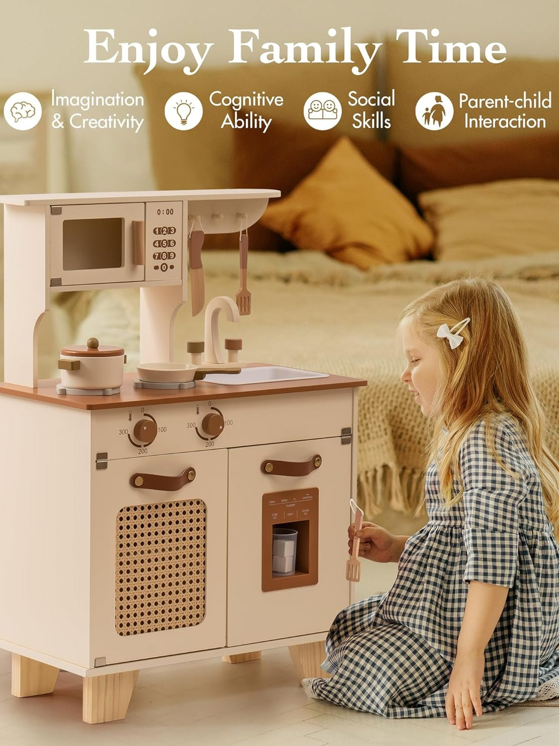 ROBOTIME Wooden Play Kitchen With Pretend Ice Cube Dispenser For Toddler Age 3
