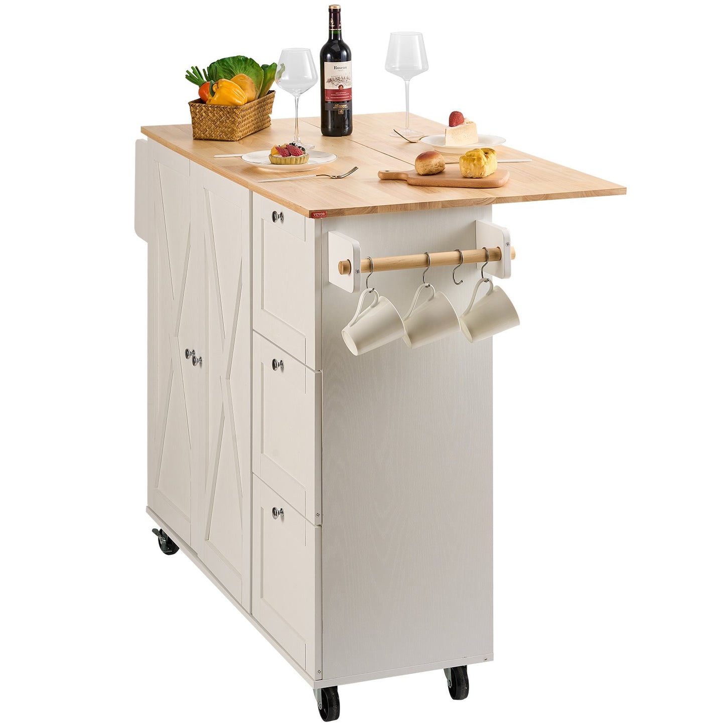 Kitchen Island Cart With Solid Wood Top,Mobile Carts With Storage Cabinet, Rolling Kitchen Table With Spice Rack, Towel Rack, Drop Leaf And Drawer, Portable Islands On Wheels, White
