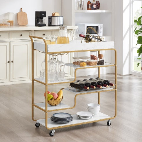 6-Tier Bar Cart, Slide Bar Serving Cart, Retro Style Wine Cart For Kitchen, Beverage Cart With Wine Rack And Glass Holder, Rolling Drink Trolley For Living Room, Dining Room