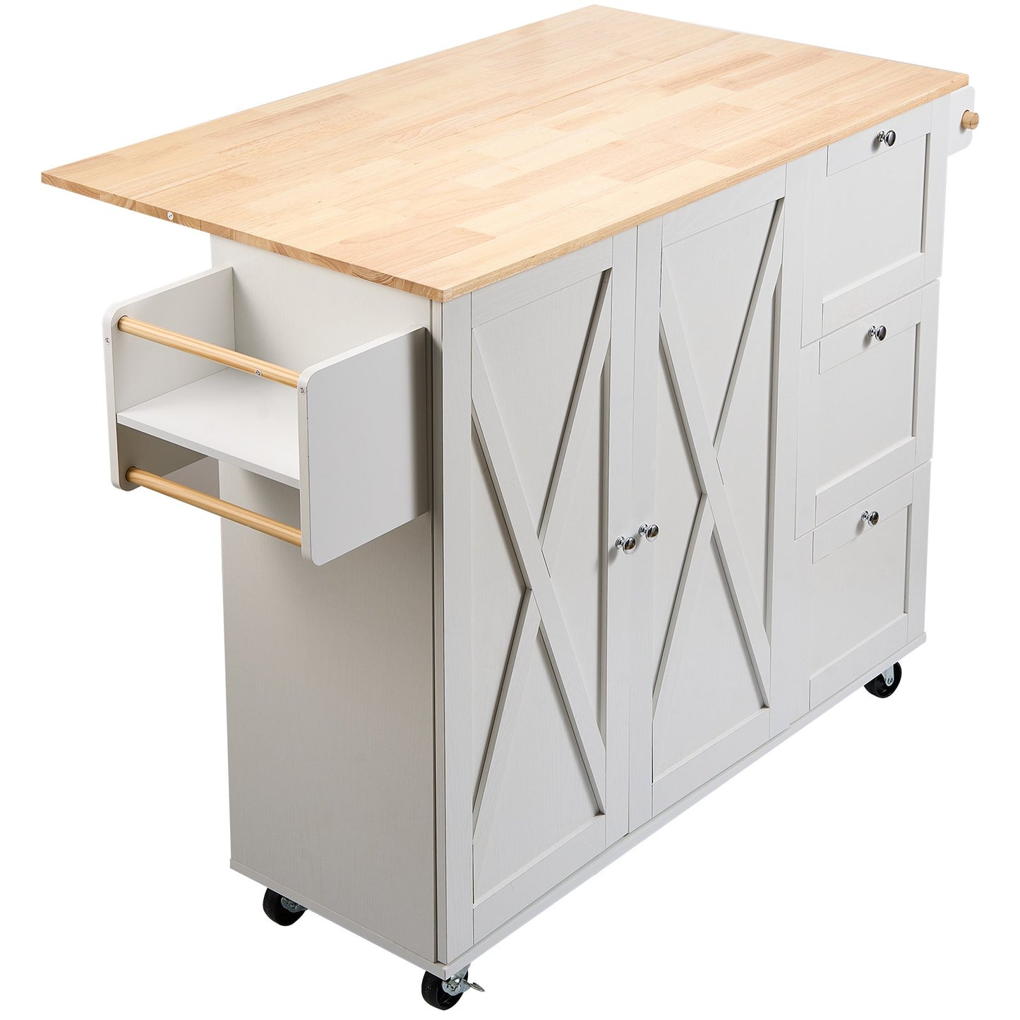 Kitchen Island Cart With Solid Wood Top,Mobile Carts With Storage Cabinet, Rolling Kitchen Table With Spice Rack, Towel Rack, Drop Leaf And Drawer, Portable Islands On Wheels, White