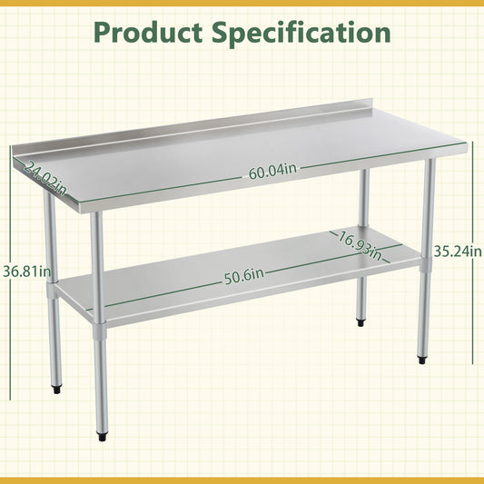 Stainless Steel Prep Table With Adjustable Undershelf And Galvanized Legs, Heavy-Duty Commercial Work Table For Kitchen, Home, Restaurant, And Hotel Use