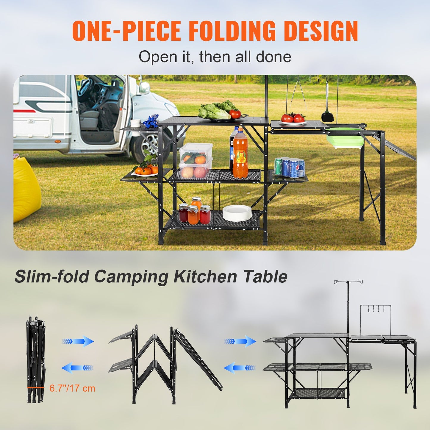 Camping Kitchen Table, One-piece Folding Portable Cook Station With A Carrying Bag, Long Aluminum Camping Table 3 Side Tables, 2 Shelves  A Detachable Sink For Outdoor Picnics, BBQs, Camping