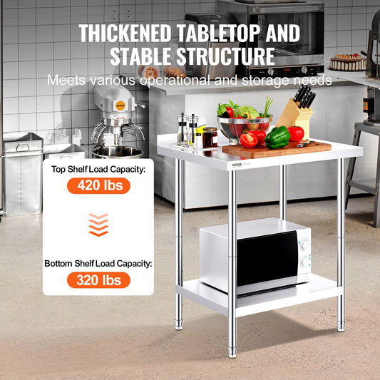 VEVOR 24 X 30 X 36 Inch Stainless Steel Work Table, Commercial Food Prep Worktable Heavy Duty Prep Worktable, Metal Work Table With Adjustable Height For Restaurant, Home And Hotel