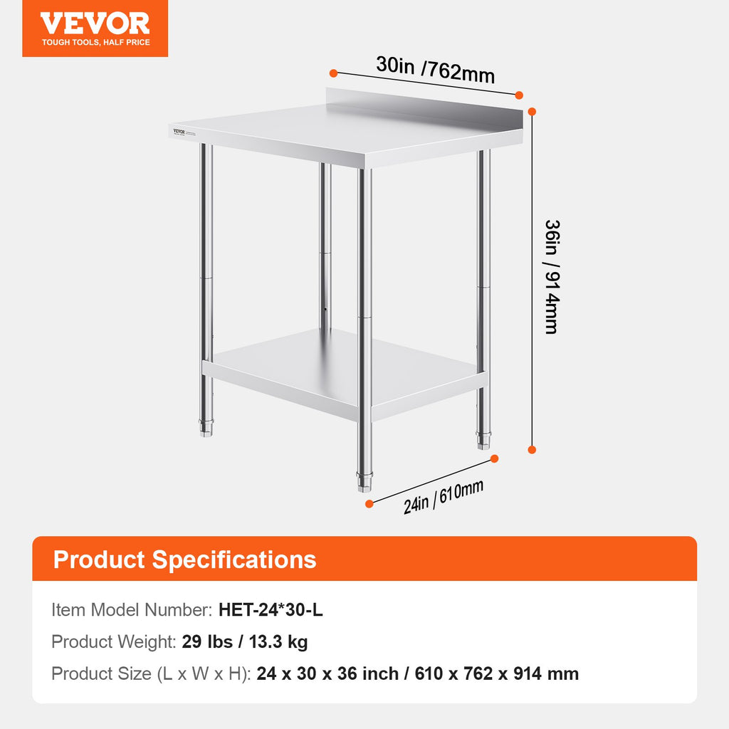 VEVOR 24 X 30 X 36 Inch Stainless Steel Work Table, Commercial Food Prep Worktable Heavy Duty Prep Worktable, Metal Work Table With Adjustable Height For Restaurant, Home And Hotel