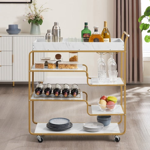 6-Tier Bar Cart, Slide Bar Serving Cart, Retro Style Wine Cart For Kitchen, Beverage Cart With Wine Rack And Glass Holder, Rolling Drink Trolley For Living Room, Dining Room