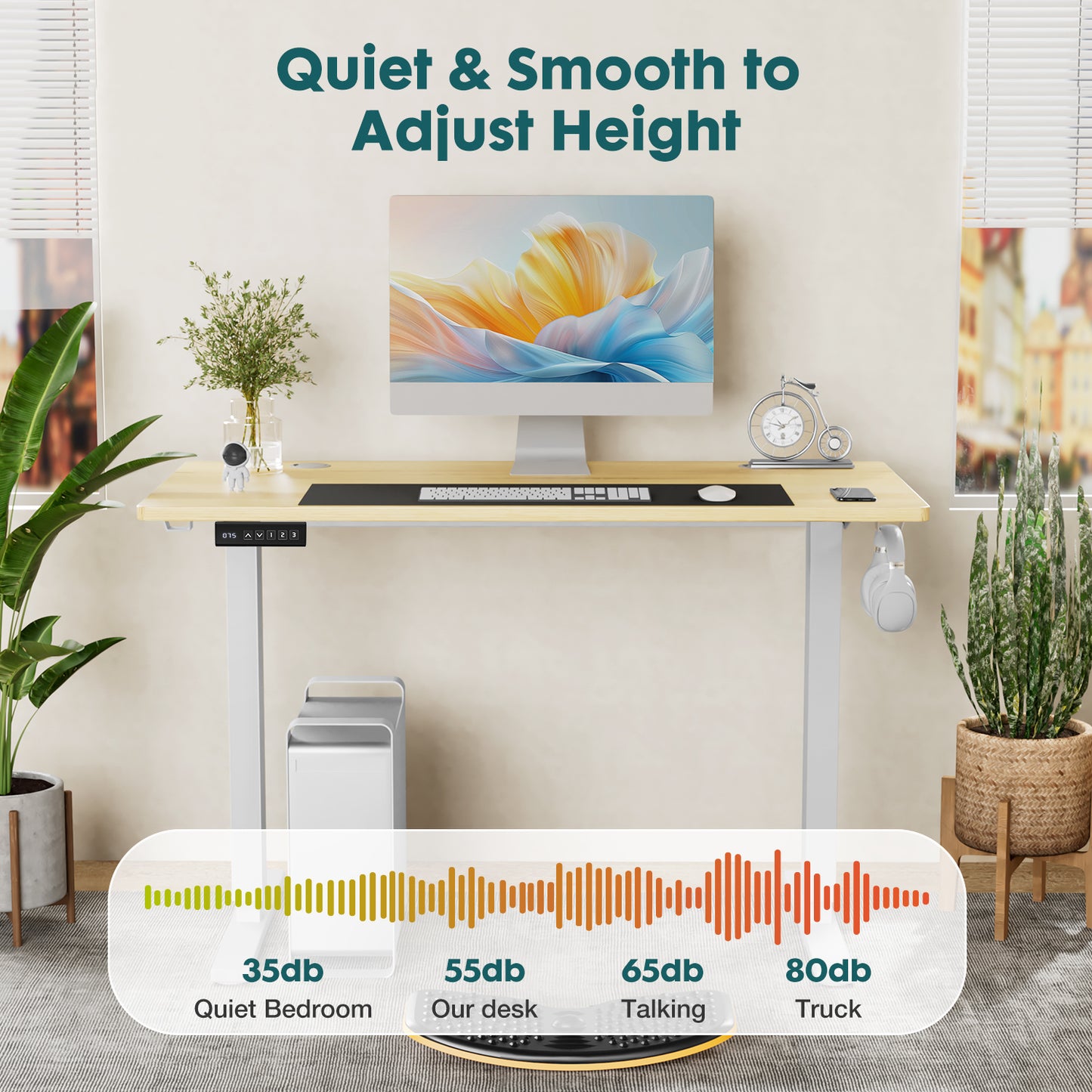 Electric Adjustable Height Standing Desk Sit To Stand Up Desk With Splice Board, Rising Home Office Computer Table With 2 Hook And Wire Hole For Work