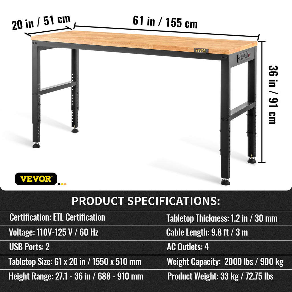 Workbench Adjustable Height,  2000 LBS Load Capacity, With Power Outlets & Hardwood Top & Metal Frame & Foot Pads, For Workshop Office Home