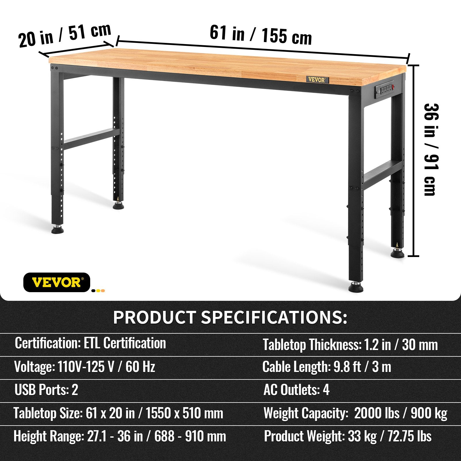 Workbench Adjustable Height,  2000 LBS Load Capacity, With Power Outlets & Hardwood Top & Metal Frame & Foot Pads, For Workshop Office Home