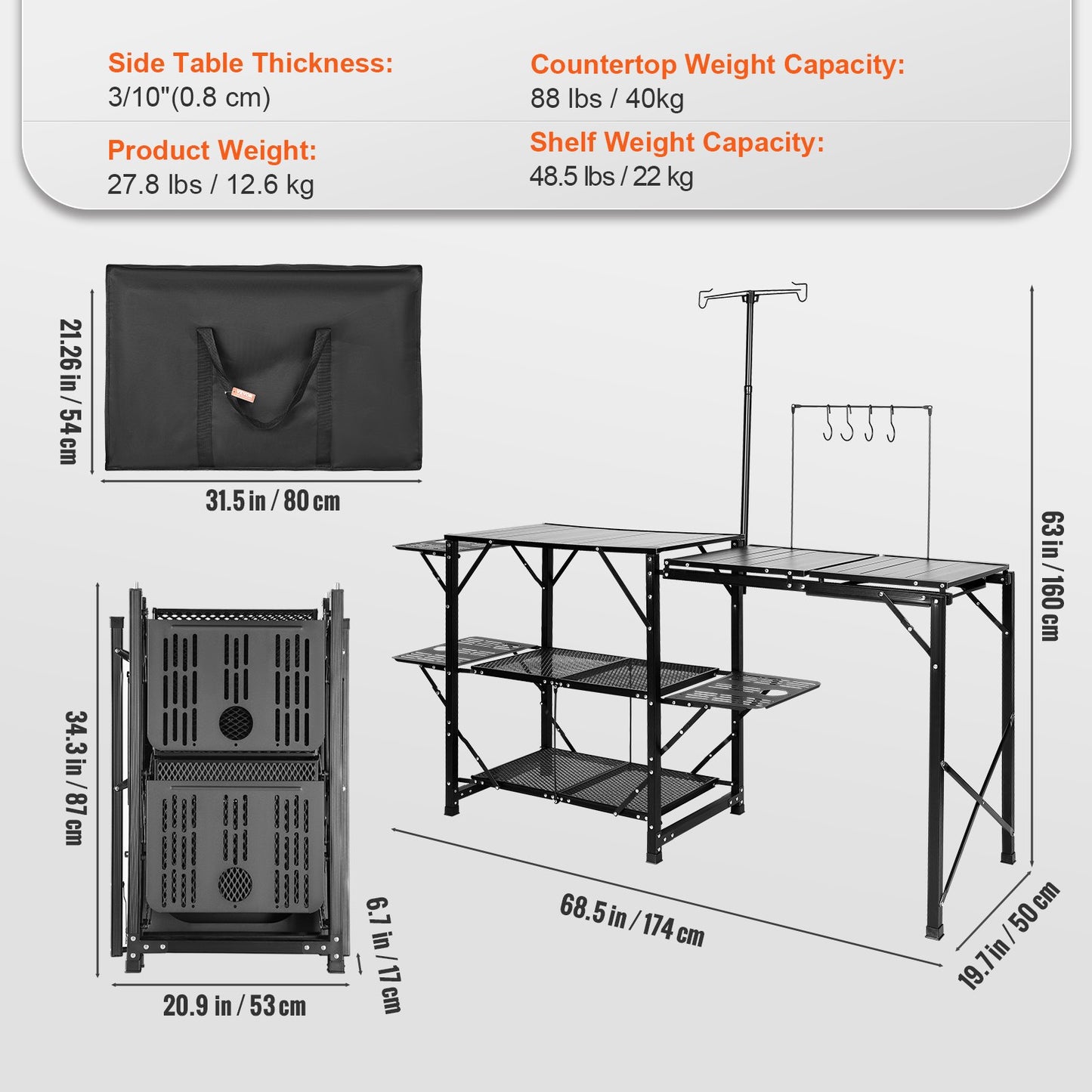 Camping Kitchen Table, One-piece Folding Portable Cook Station With A Carrying Bag, Long Aluminum Camping Table 3 Side Tables, 2 Shelves  A Detachable Sink For Outdoor Picnics, BBQs, Camping