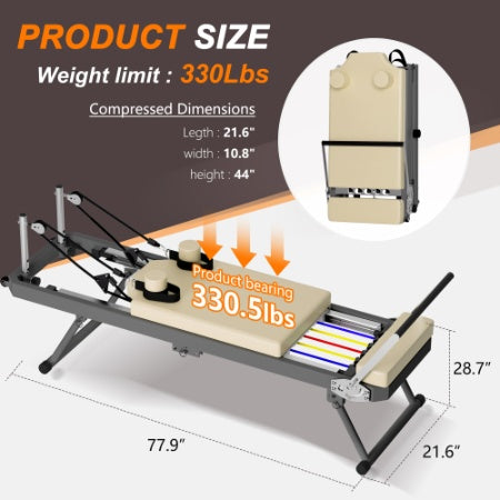 Pilates Reformer Machine For Home Gym Workout, Foldable Pilates Equipment With High Strength Alloy Springs For Beginners, Up To 330lbs