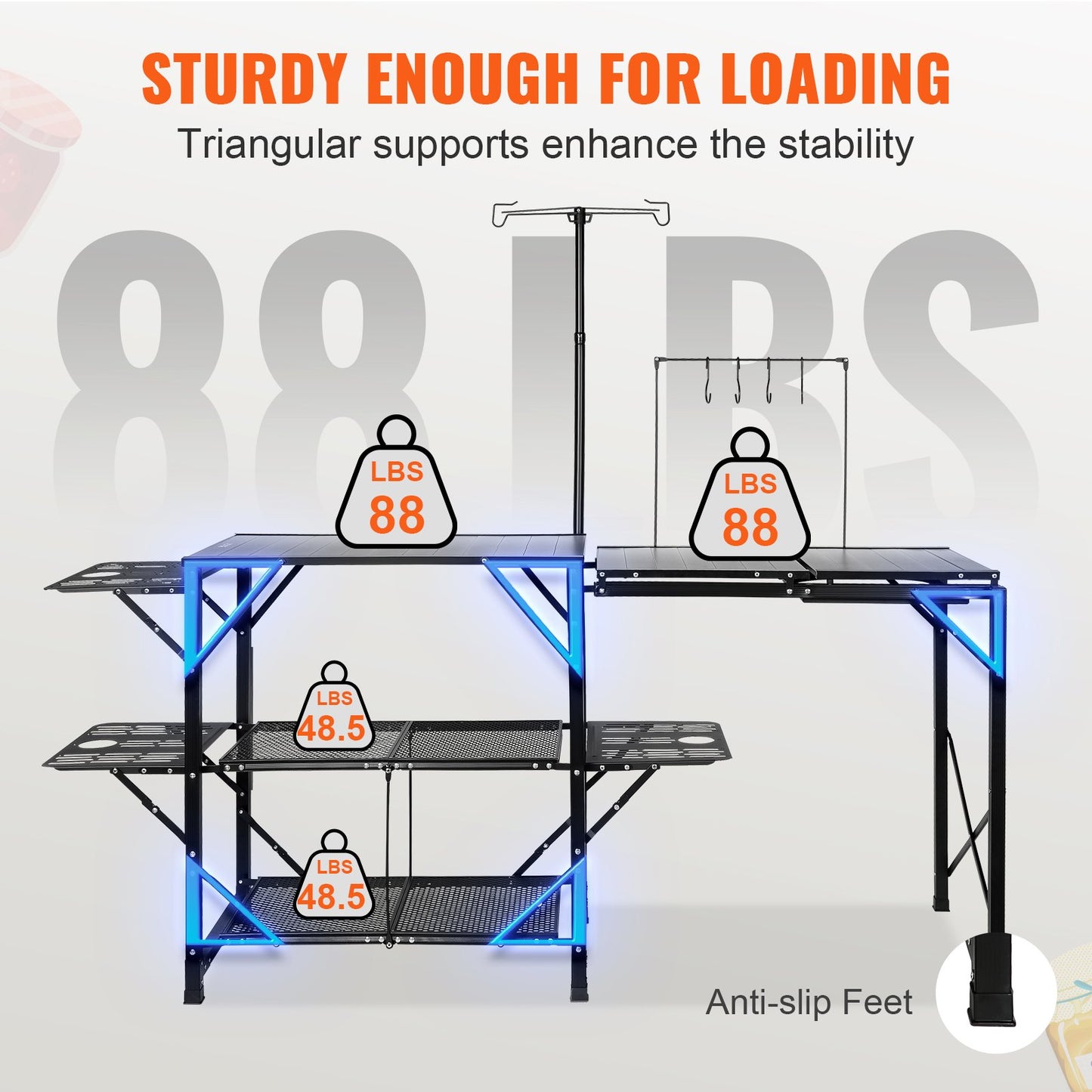 Camping Kitchen Table, One-piece Folding Portable Cook Station With A Carrying Bag, Long Aluminum Camping Table 3 Side Tables, 2 Shelves  A Detachable Sink For Outdoor Picnics, BBQs, Camping
