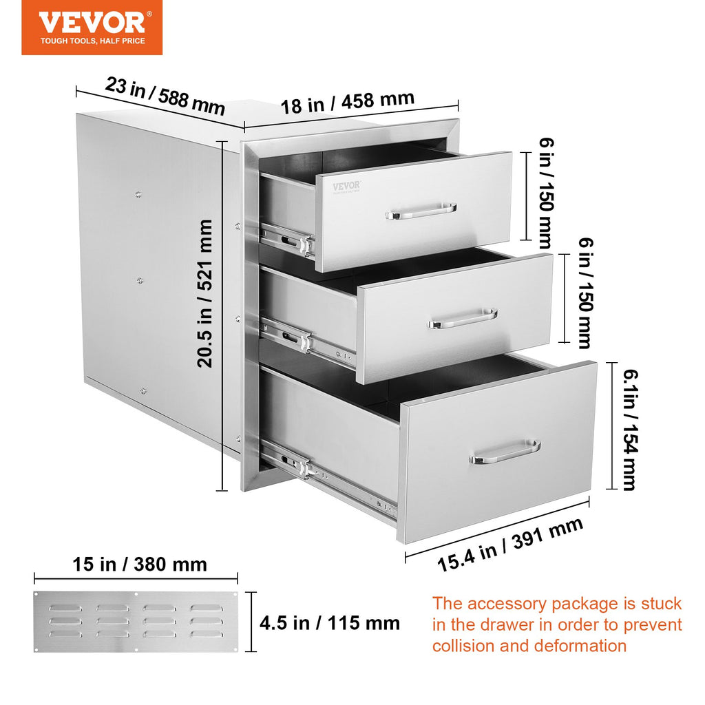 VEVOR 18x20.5 Inch Outdoor Kitchen Stainless Steel Triple Access BBQ Drawers With Chrome Handle, 18 X20.5 X 23 Inch