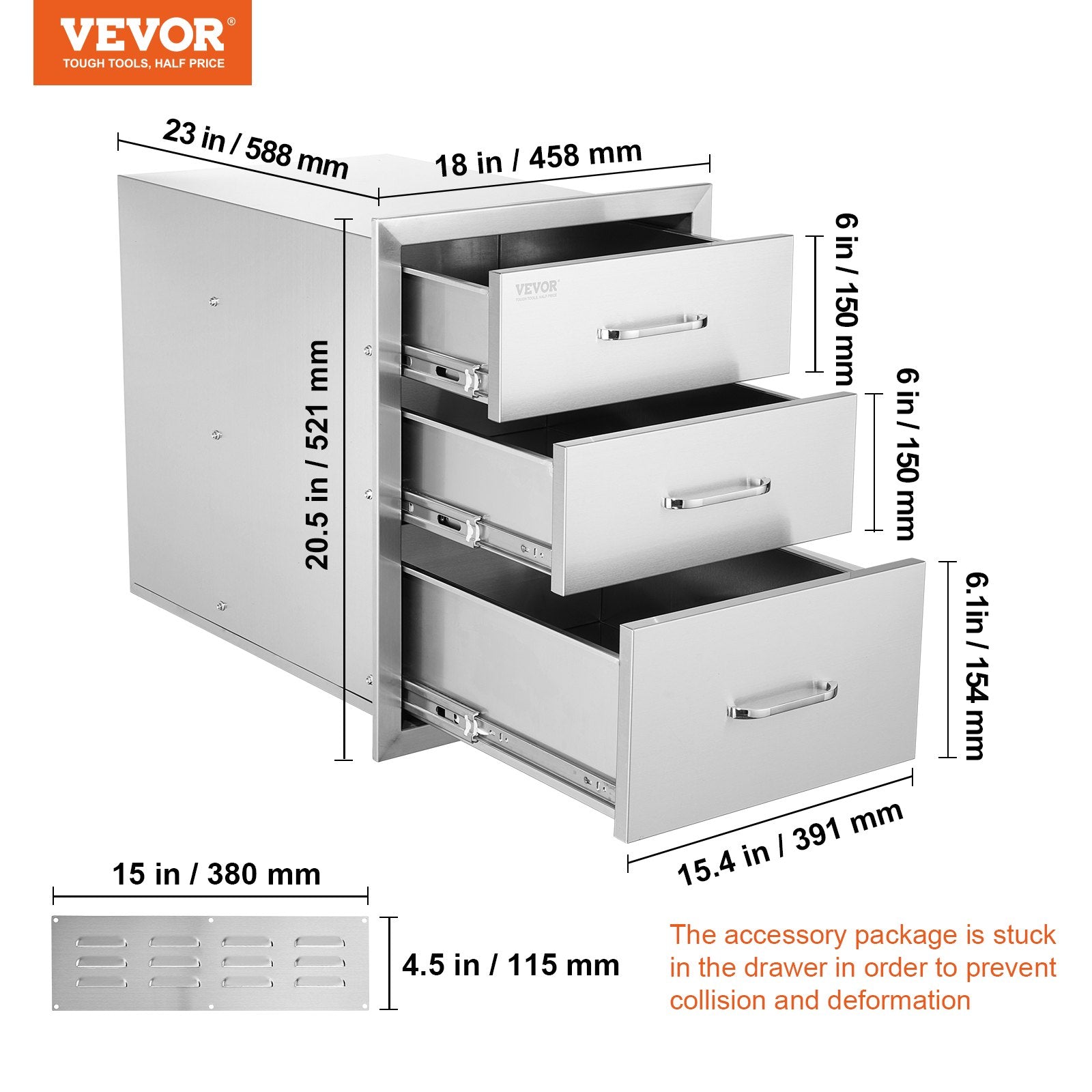 VEVOR 18x20.5 Inch Outdoor Kitchen Stainless Steel Triple Access BBQ Drawers With Chrome Handle, 18 X20.5 X 23 Inch