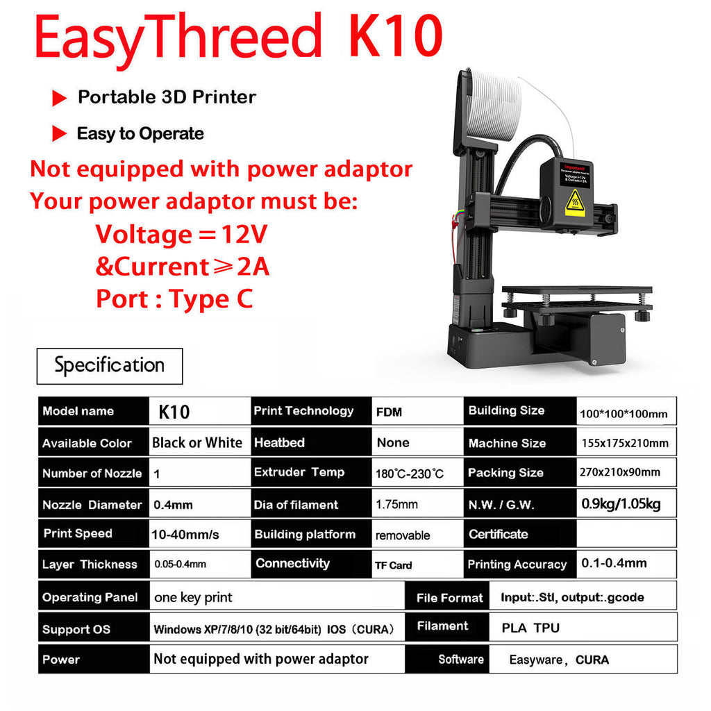 EasyThreed 3D Printer K10 Entry Level Use TPU PLA 175mm
