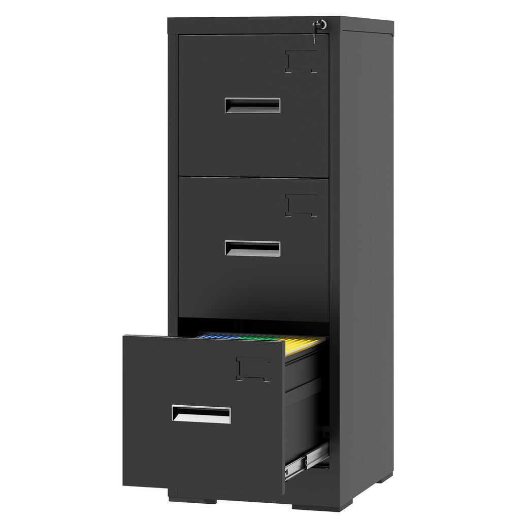 3 Drawer Metal Vertical File Cabinet With Lock And Card Slot Office Home Vertical File Cabinet For A4 Legal Letter Size Narrow File Cabinet Locked,Assembly Required Black