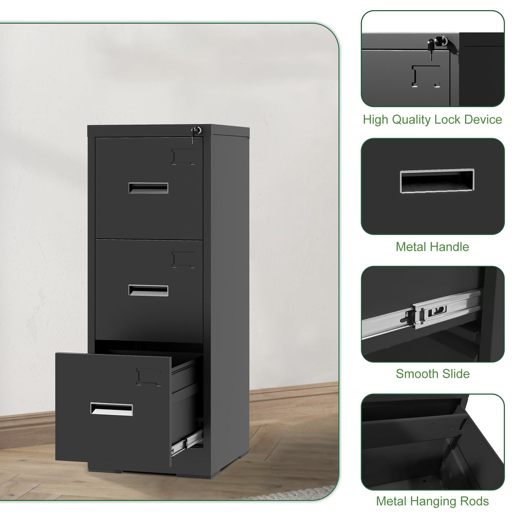 3 Drawer Metal Vertical File Cabinet With Lock And Card Slot Office Home Vertical File Cabinet For A4 Legal Letter Size Narrow File Cabinet Locked,Assembly Required Black