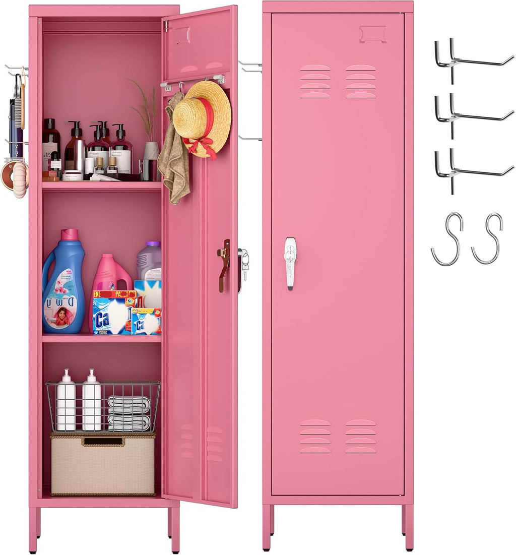 Aobabo Metal Metal Storage Locker For Employees, Lockable 1 Door With Towel Rack And 2 Side Pegboards With Hooks For School Office Gym Home, Assembly Required Pink