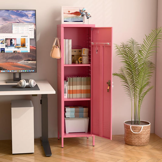 Aobabo Metal Metal Storage Locker For Employees, Lockable 1 Door With Towel Rack And 2 Side Pegboards With Hooks For School Office Gym Home, Assembly Required Pink