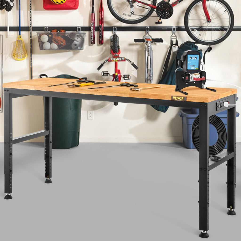 Workbench Adjustable Height,  2000 LBS Load Capacity, With Power Outlets & Hardwood Top & Metal Frame & Foot Pads, For Workshop Office Home