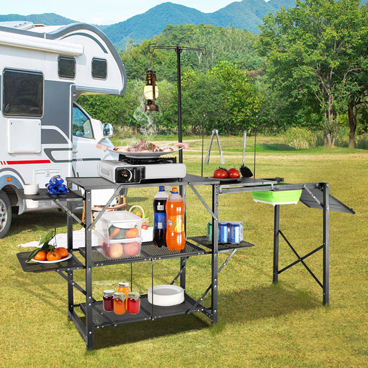 Camping Kitchen Table, One-piece Folding Portable Cook Station With A Carrying Bag, Long Aluminum Camping Table 3 Side Tables, 2 Shelves  A Detachable Sink For Outdoor Picnics, BBQs, Camping
