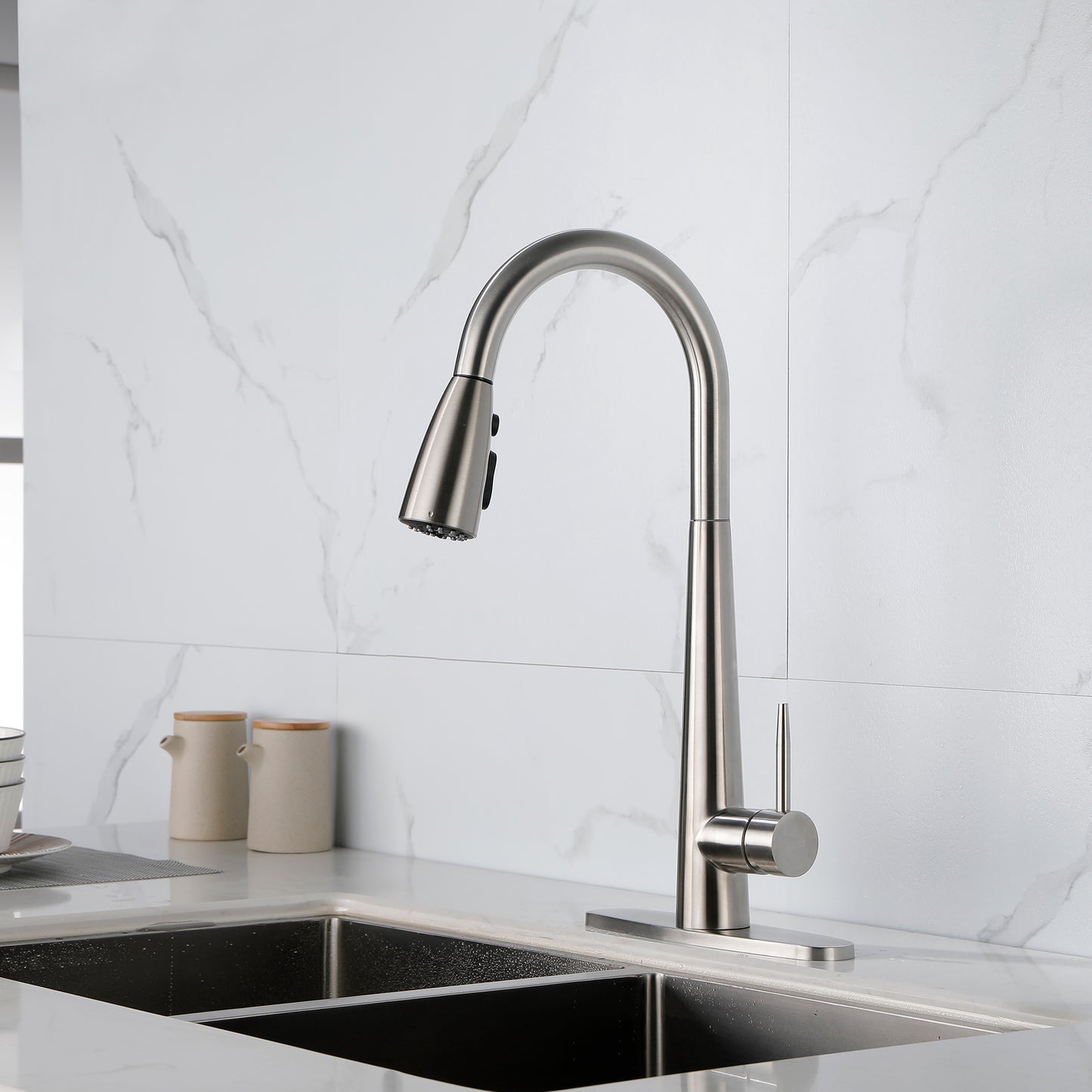 High Curvature Single Handle Kitchen Sink Faucet With Deck, Commercial Modern Stainless Steel Kitchen Faucet