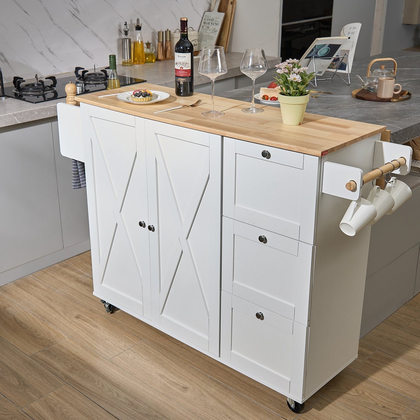Kitchen Island Cart With Solid Wood Top,Mobile Carts With Storage Cabinet, Rolling Kitchen Table With Spice Rack, Towel Rack, Drop Leaf And Drawer, Portable Islands On Wheels, White