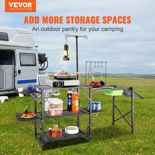 Camping Kitchen Table, One-piece Folding Portable Cook Station With A Carrying Bag, Long Aluminum Camping Table 3 Side Tables, 2 Shelves  A Detachable Sink For Outdoor Picnics, BBQs, Camping