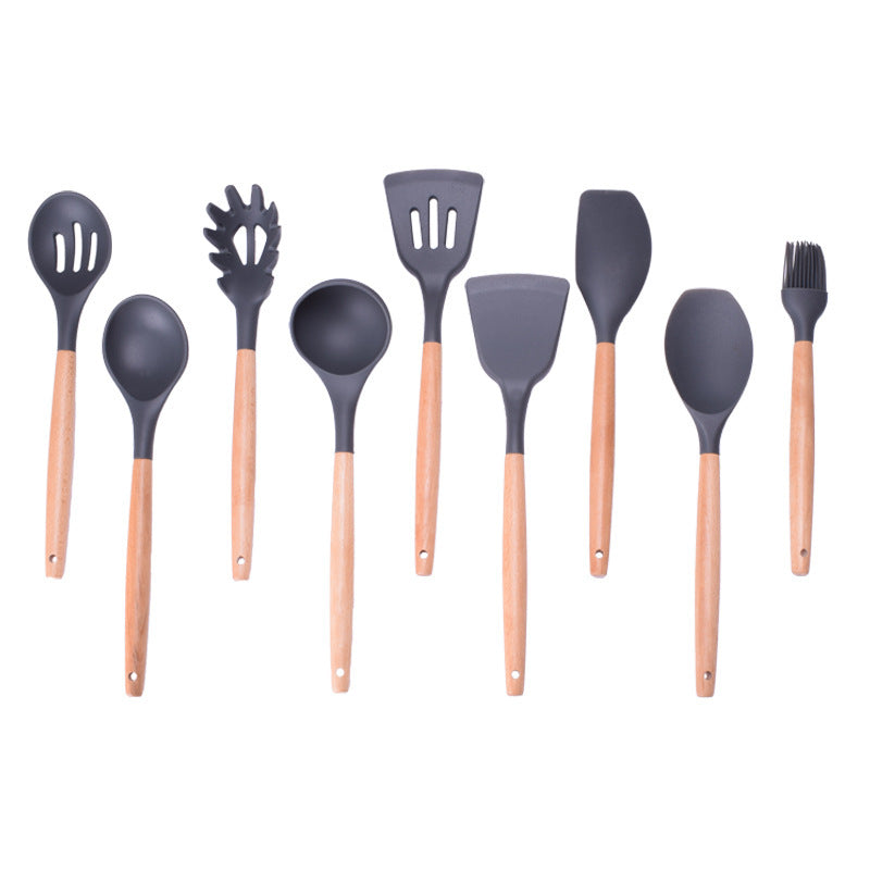 Dark Grey Wooden Handle Silicone Kitchenware Non-Stick Pan Baking Set