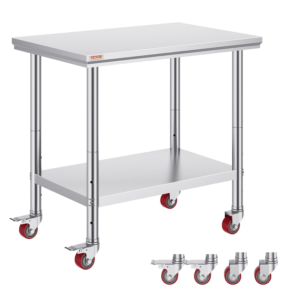 VEVOR Stainless Steel Work Table 36x24 Inch With 4 Wheels Commercial Food Prep Worktable With Casters Heavy Duty Work Table For Commercial Kitchen Restaurant