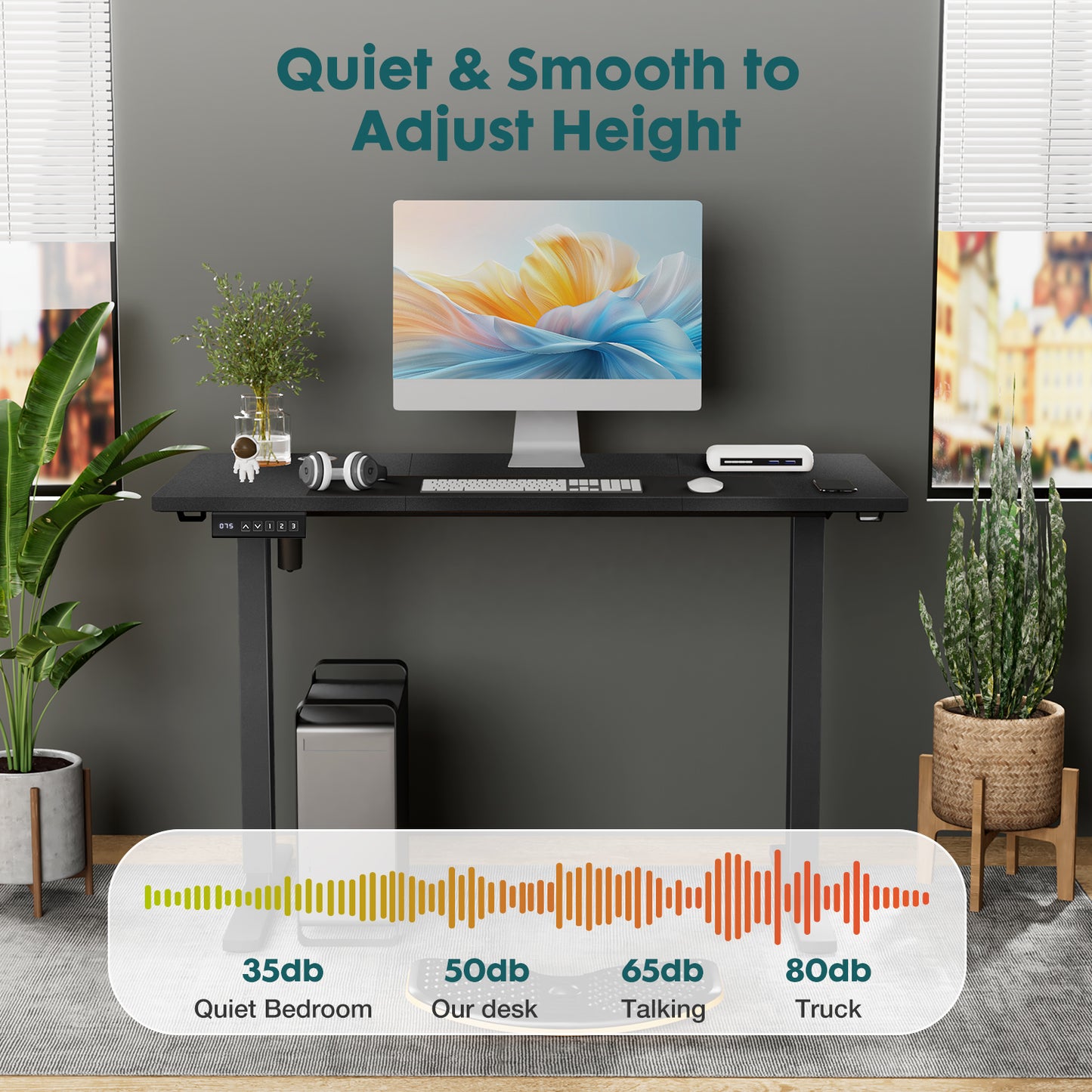 Electric Adjustable Height Standing Desk Sit To Stand Up Desk With Splice Board, Rising Home Office Computer Table With 2 Hook And Wire Hole For Work