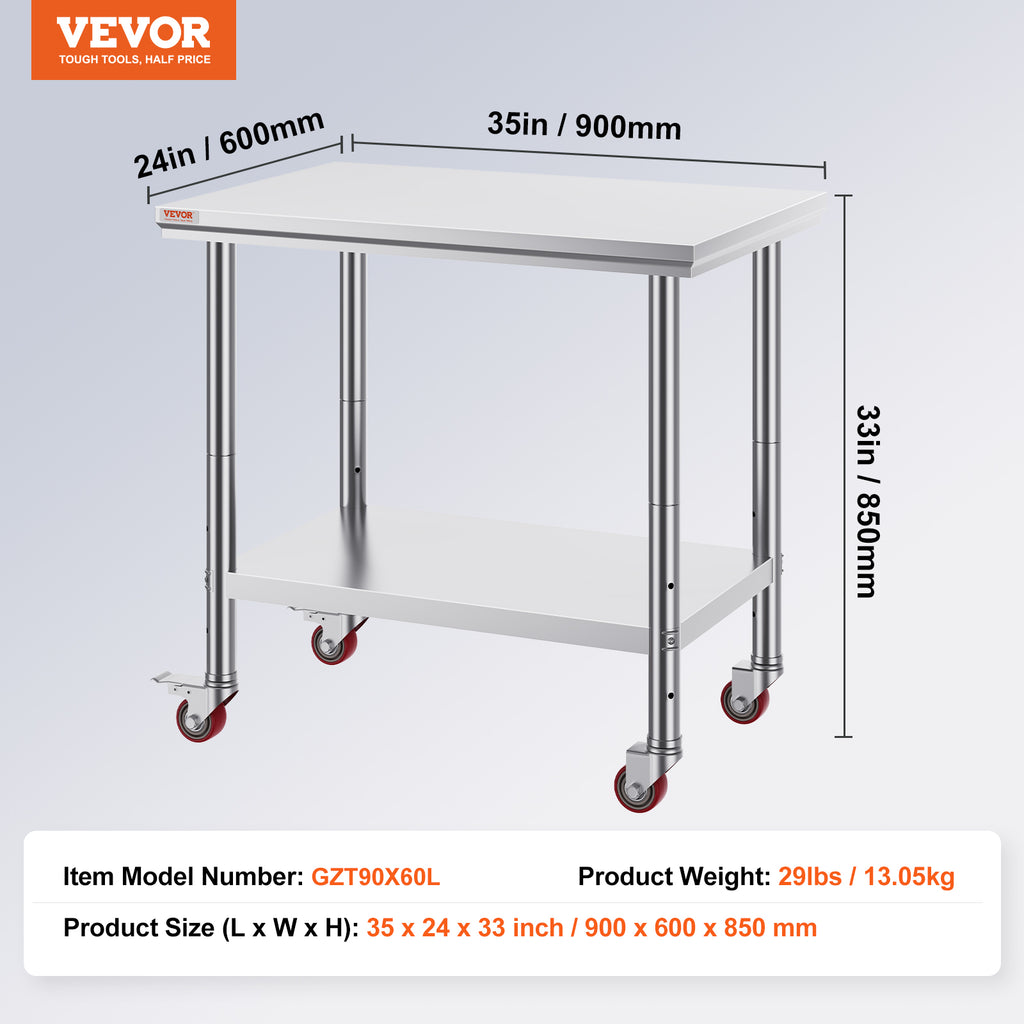 VEVOR Stainless Steel Work Table 36x24 Inch With 4 Wheels Commercial Food Prep Worktable With Casters Heavy Duty Work Table For Commercial Kitchen Restaurant