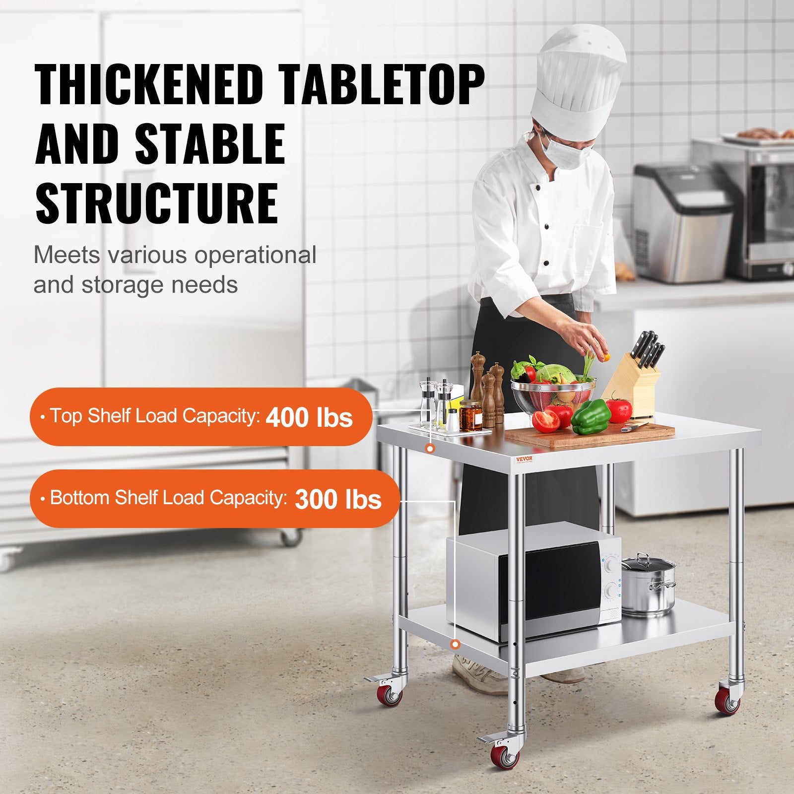 VEVOR 30x36x34 Inch Stainless Steel Work Table 3-Stage Adjustable Shelf With 4 Wheels Heavy Duty Commercial Food Prep Worktable With Brake For Kitchen Prep Work