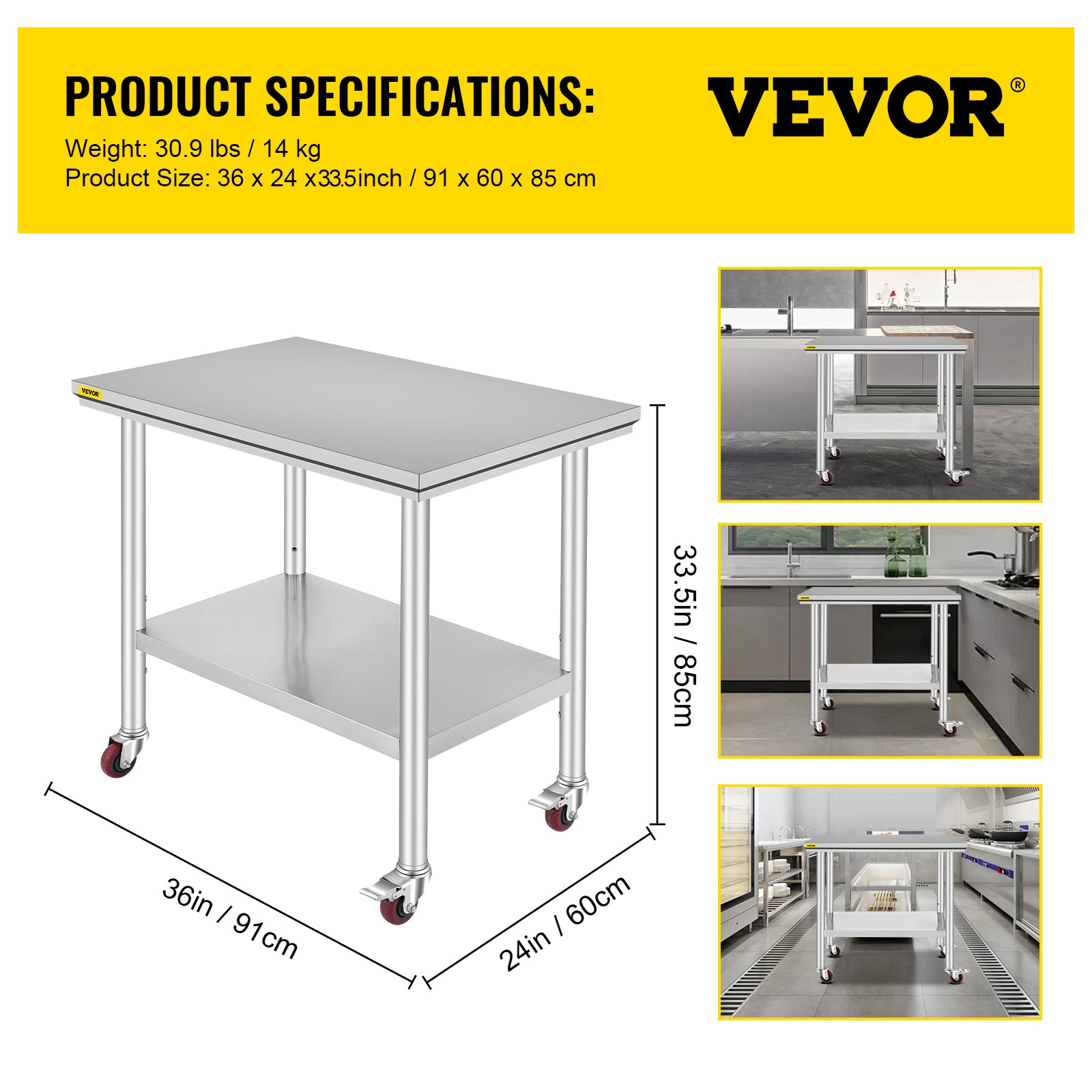 VEVOR Stainless Steel Work Table 36x24 Inch With 4 Wheels Commercial Food Prep Worktable With Casters Heavy Duty Work Table For Commercial Kitchen Restaurant